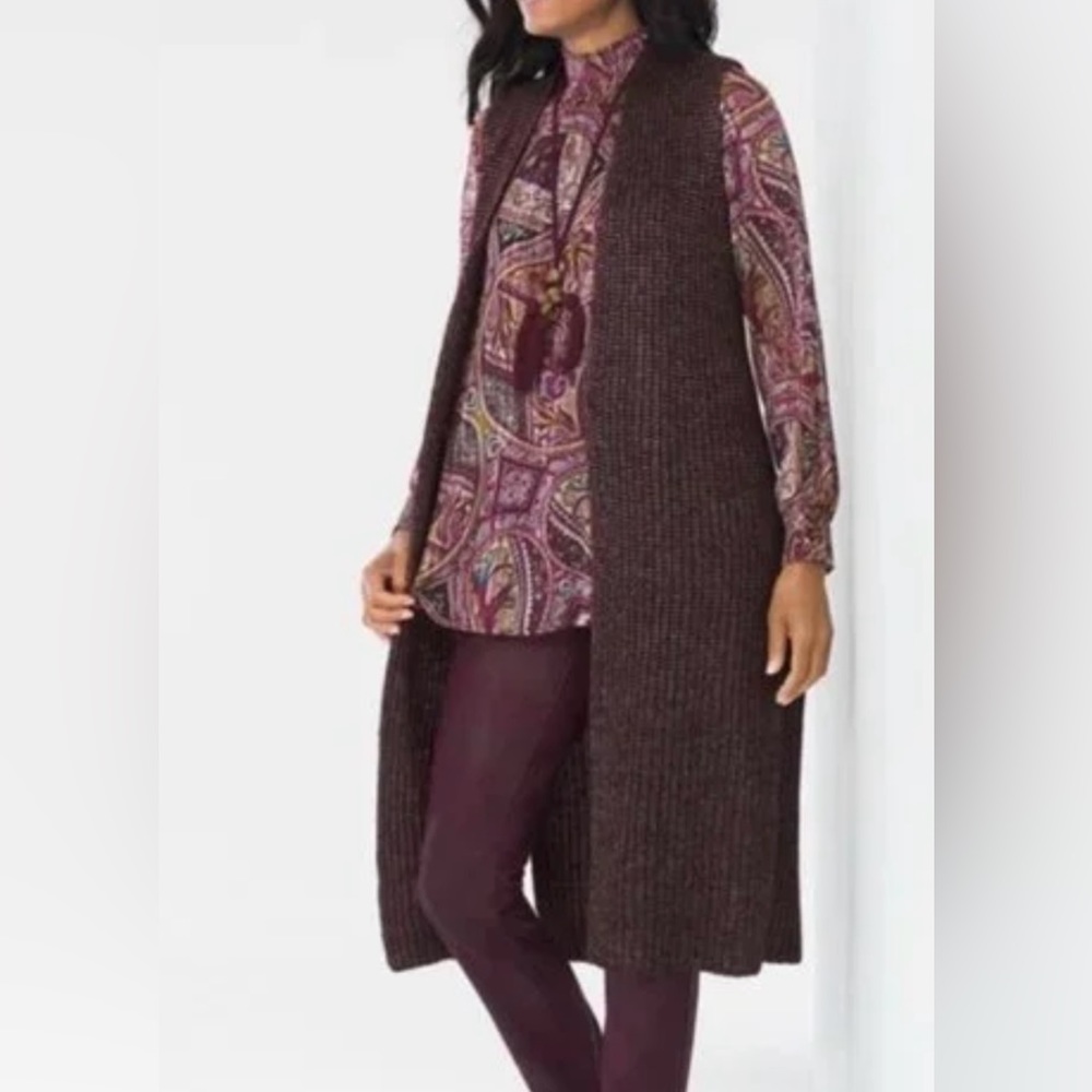 Chico’s Long Burgundy Sweater Vest / Duster -Sliver Metallic 
Size 2 -Length 42”